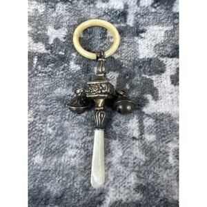 Antique Birmingham Sterling Silver Baby Rattle & Teether Mother-of-Pearl Handle